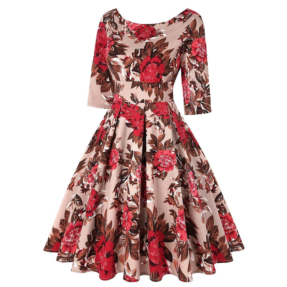 Хлопковое Ретро свободное винтажное платье 40s 50 s, элегантное туника с рукавом 3/4, рокабилли, с круглым вырезом, женское осеннее платье с цветочным принтом
