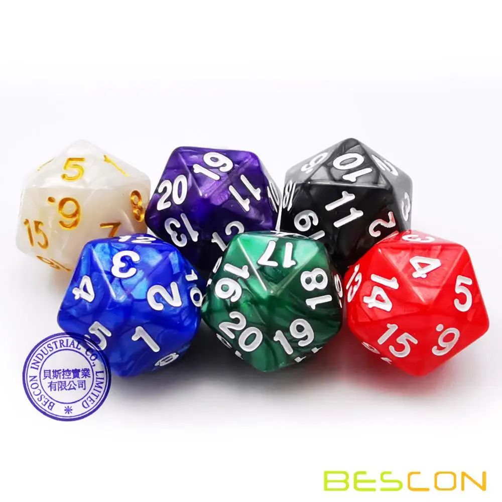 Bescon D20 Spindown Dice 22MM, Assorted Marble Colors 6pcs Set 3