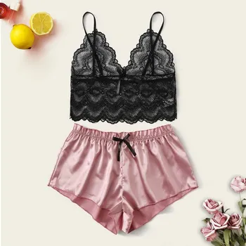 

New Sexy Sleepwear Set Women Lace Wireless Bra Sexy Lingerie Satin Shorts Underwear Plus Size Pajamas For Women Summer #z