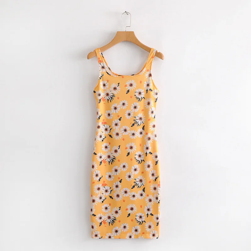 

2018 Spring And Summer Fashion Slim Fit Slimming Camisole Vest Skirt Flower Printed Elasticity Dress 1955