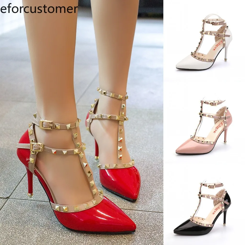

Womens Heeled Sandals Stiletto Pump Ankle Strap T-strap Pointed Toe Rivets Leather Hollow Sexy Fashion Banquet Elegant Dress