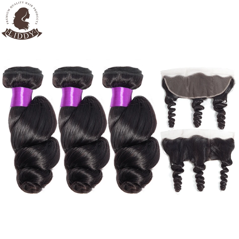 Pacotes com Frontal Pacotes de Cabelo Humano com Laço Liddy Brasileiro Onda Solta Frontal 13x4 Parte Livre Não Remy Cabelo 3 1 Pacotes com 34 com fecho