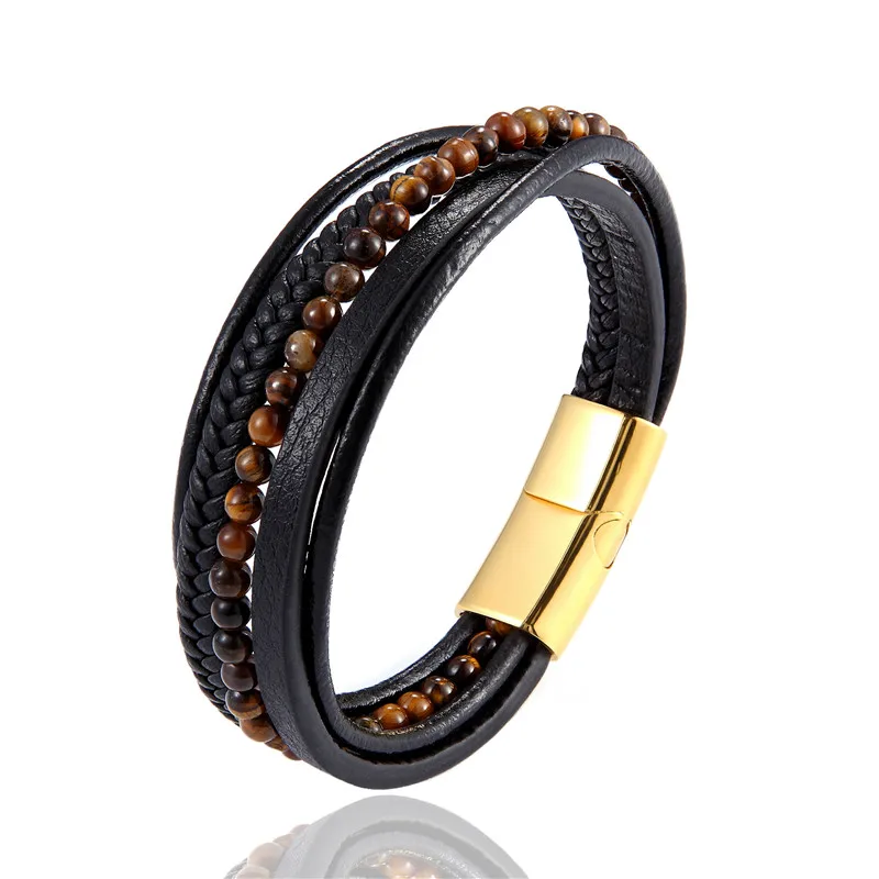 MKENDN Fashion Male Jewelry Braided Leather Bracelet Red Tiger Eye Beads Bracelet Black Stainless Steel Magnetic Clasps Men Wris - Окраска металла: Gold Tiger Eye