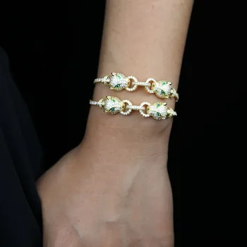 

2021 New Fashion Leopard Head Men Women Bracelet Pave Zircon Charm Punk Bracelet Link Chain 15+4cm CZ Jaguar Jewelry Hip Hop
