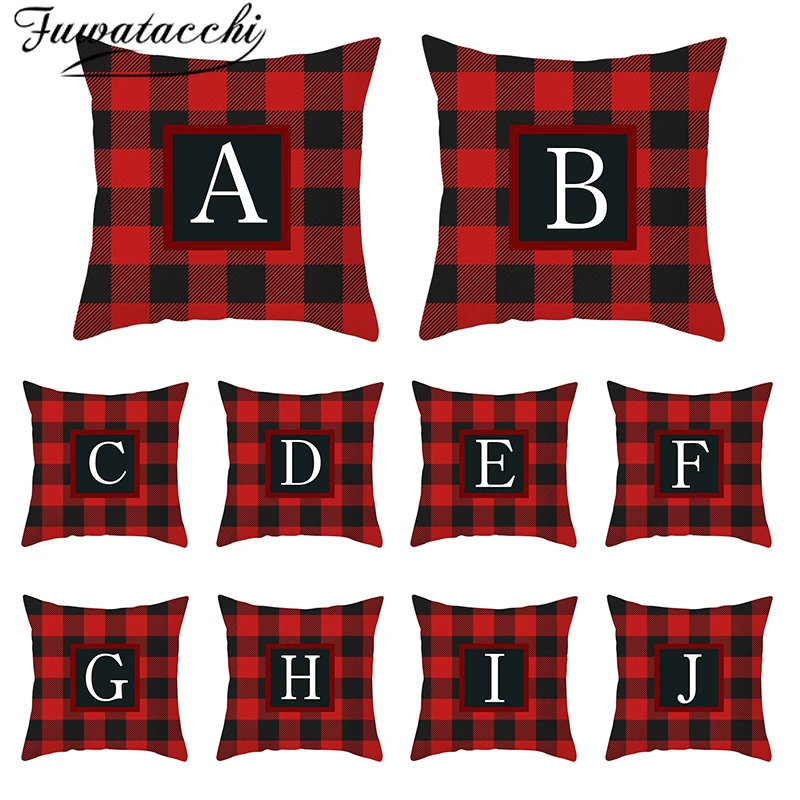 

Fuwatacchi A-Z Letter Cushion Covers Red Lattice Pattern Throw Pillow Cover Home Decoration Sofa Pillow Cases Polyester 45X45cm