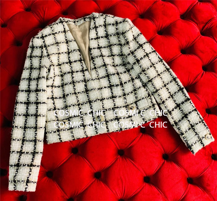 Cosmicchic роскошный твидовый шерстяной костюм клетчатый короткий пиджак с v-образным вырезом Высокая талия широкие длинные брюки элегантный офисный комплект из 2 предметов