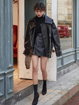 

DBYCOOL Pu Leather Jacket Women New Spring Loose Motorcycle Biker Jacket Chains Short Black Coat Female