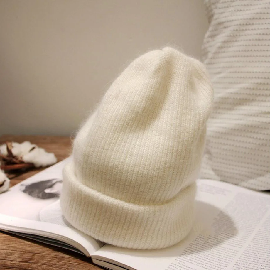 H7491 мягкая Очаровательная Ангорский кролик меховые шапки шапка женская вязаная Лыжная шапочка зимние толстые теплые удобные, однотонного цвета шапки - Цвет: Белый