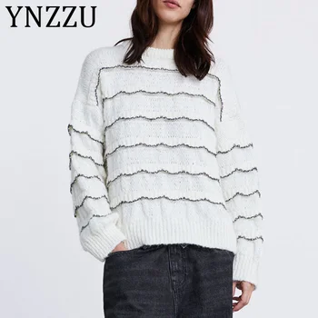 

YNZZU Elegant Ruched Sweater Women Striped Loose Soft Female Pullover 2019 Autumn Winter Sweet knitted Jumper Pull Femme AT353