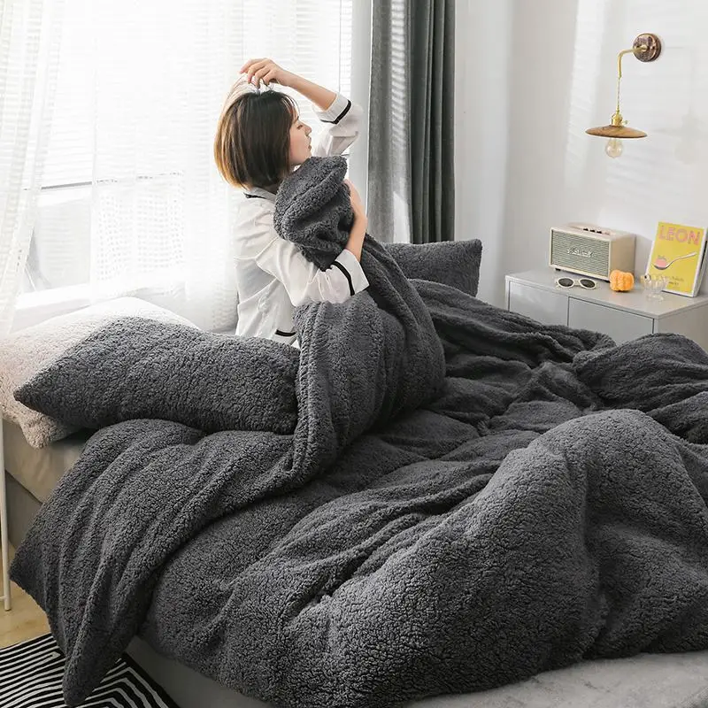 Home Textiles Quilt Cover Winter Fleece Bedding Sets Soft Warm Duvet Cover Cashmere Solid Lamb Cashmere Bedding Cover Winter