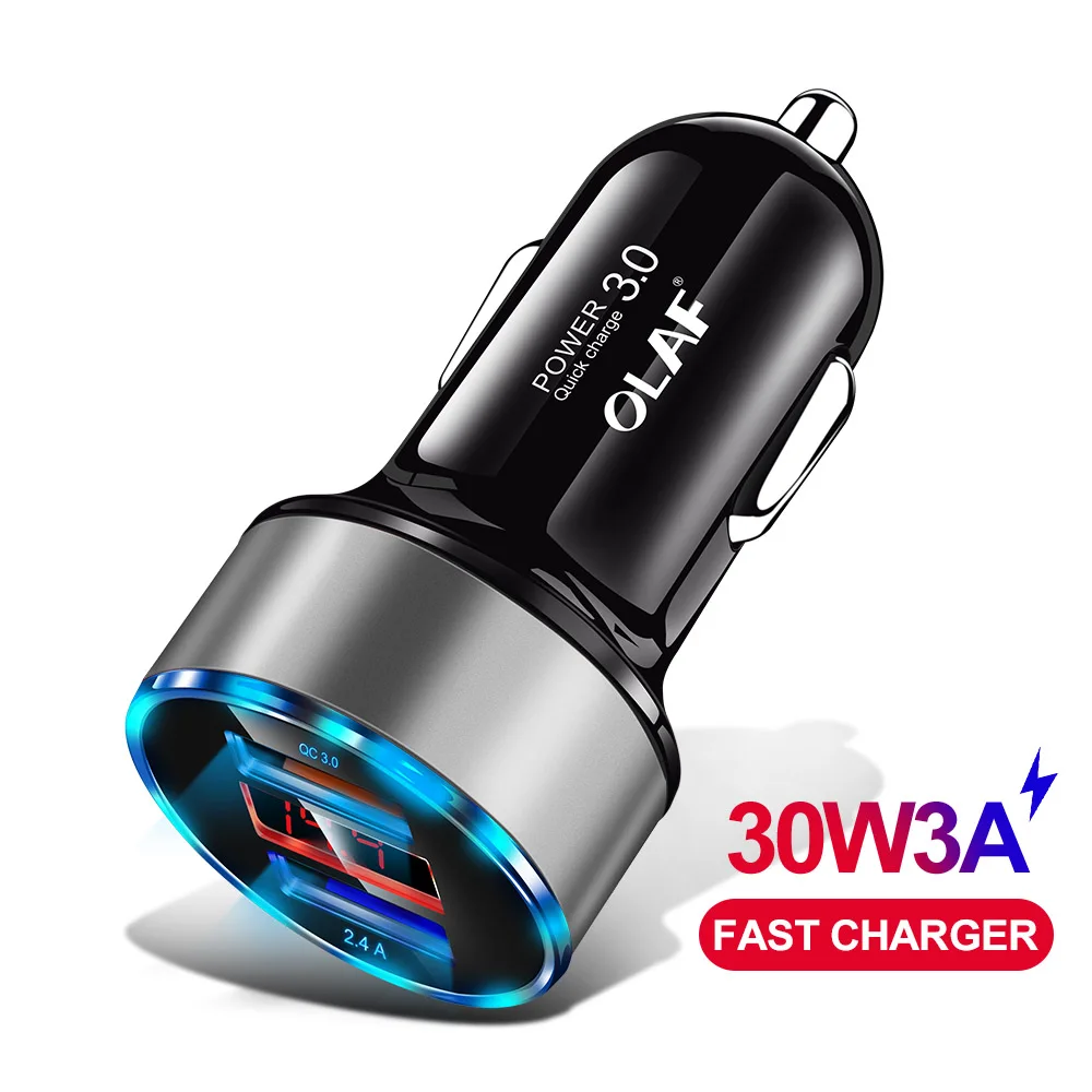 Олаф 30 Вт QC 3,0 быстрое USB Автомобильное зарядное устройство для iPhone X 8 7 samsung S10 Xiaomi Quick Charge 3,0 5 в 3 А двойной USB светодиодный дисплей автомобильное зарядное устройство - Тип штекера: QC 3.0 Silver