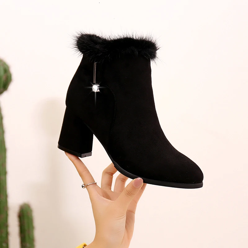 6.5 Cm Chunky Heel Women Suede Boots Warm Plush Winter Black Pointed Toe Ankle Thick High Short Booties | Обувь