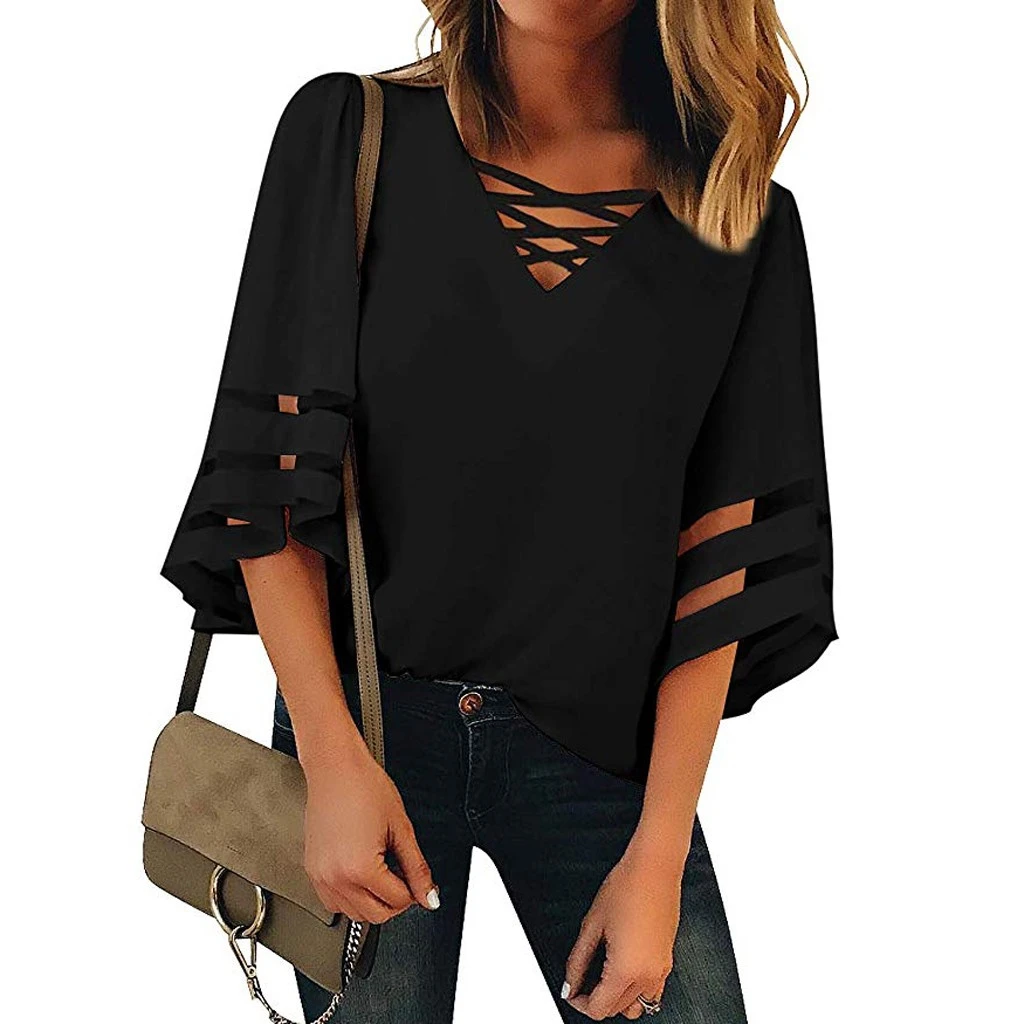JAYCOSIN Fashion Loose Blouse Female V Neck Mesh Panel Blouses 3/4 Bell Sleeve Casual Loose Blouse Patchwork Ladies Girls 802