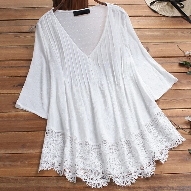 Embroidery Women s White Blouse Casual Plus Size Tops Elegant V Neck Long Sleeve Tunic Summer