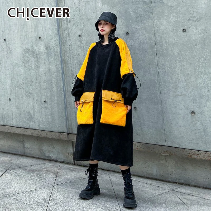 

CHICEVER Patchwork Pocket Hit Color Female Dresses O Neck Long Sleeve Drawstring Oversize Loose Midi Women's Dress 2020 Fashion
