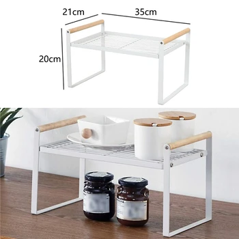 

New Iron Wooden Kitchen Desktop Organizer Spice Stackable Storage Shelf Cosmetic Jars Holder 35X21X20cm