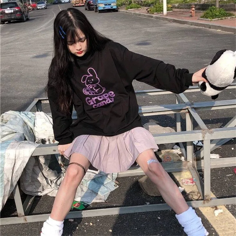 Женская Kawaii толстовка с кроликом уличная Harajuku Высокая уличная Толстовка женские осенние Топы Свободная верхняя одежда корейские худи для женщин - Цвет: Черный