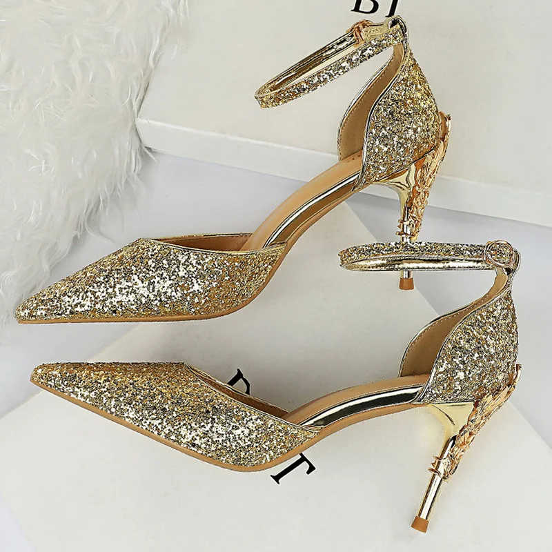 2022 Women 7.5cm 9.5cm High Heels Sparkle Sandals Wedding Bridal Low Sandles Stiletto Glitter Prom Elegant Stripper Pumps | Обувь