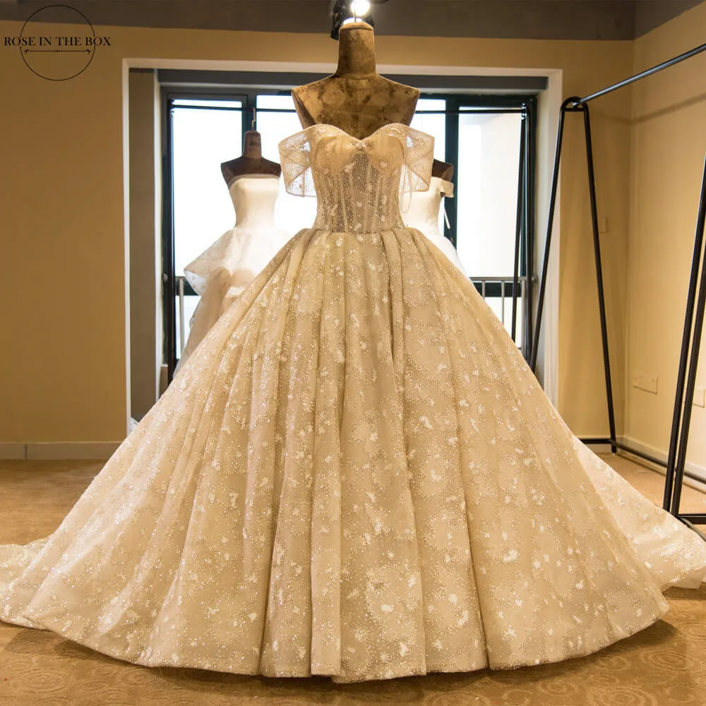 Luxury Ball Gown Beads Crystals Wedding Dresses 2020 Romantic Bow Tie Neck Cap Sleeve Wedding Bridal Gowns Robe de Mariee
