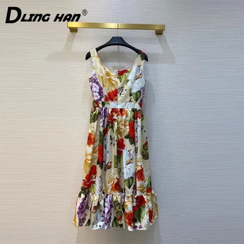 

DLINGHAN Fashion Floral Print Dress Women's vintage Square Collar sleeveless Dresses Designer Summer New