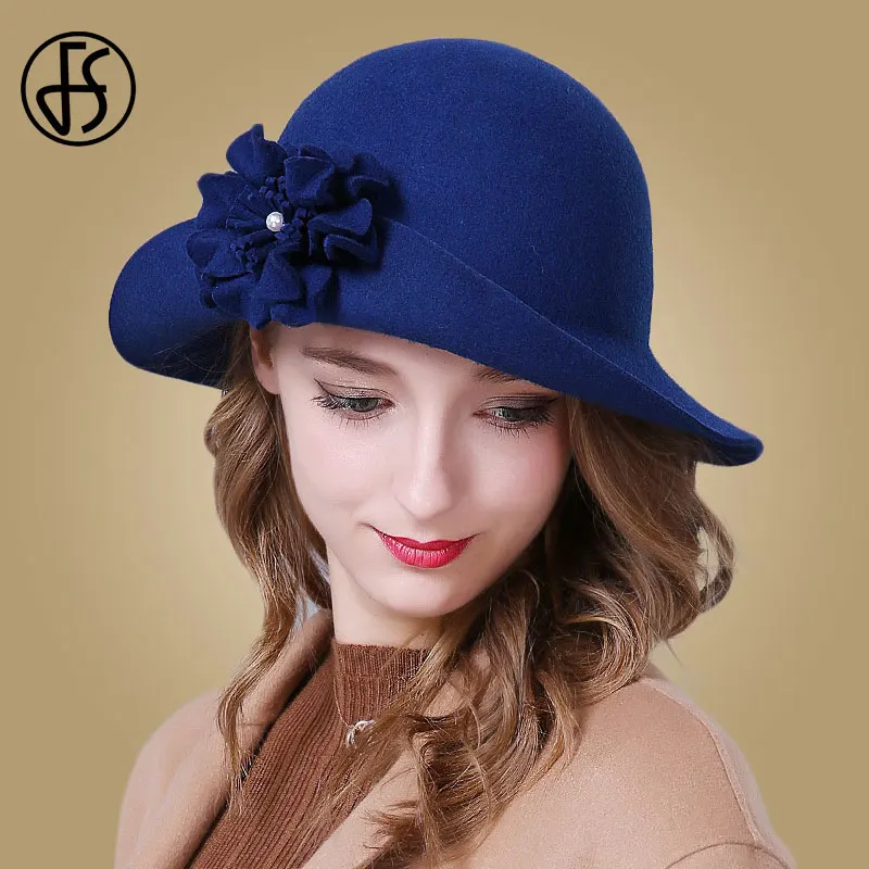 Blue Wool Fedora Женская винтажная широкополая шляпа FS, фетровая шляпа из шерсти с декоративным цветком, красного цвета, на осень/зиму - Цвет: Blue Wool Fedora