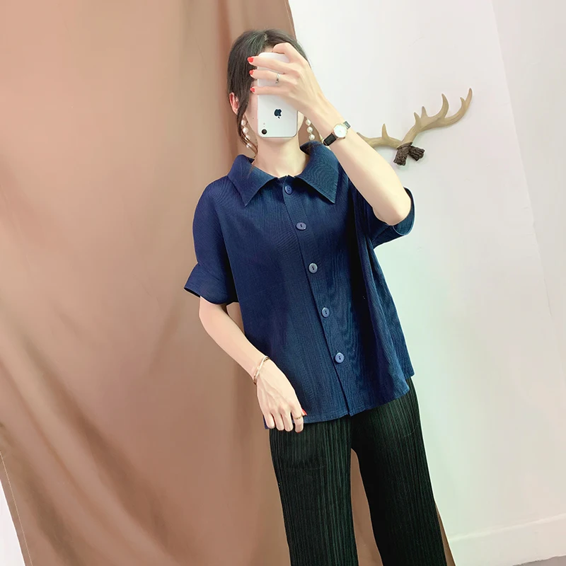 Женская мода плюс размерные куртки офисные женские Miyake плиссированные Короткие рукава пальто однотонный отложной воротник однобортные свободные топы