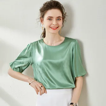 

22 mm Heavy Silk T Shirt Women Summer Half Sleeve Solid Green Stain Tees Brief Casual Pullover O Neck Ladies Tops Silk Shirts za