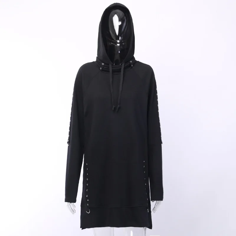 JIEZUOFANG Women Gothic Punk Sweatshirt Long Hoodies Black Retro Long Sleeve Sweatshirt Mental Ring Cool Hooded Loose CausalTop