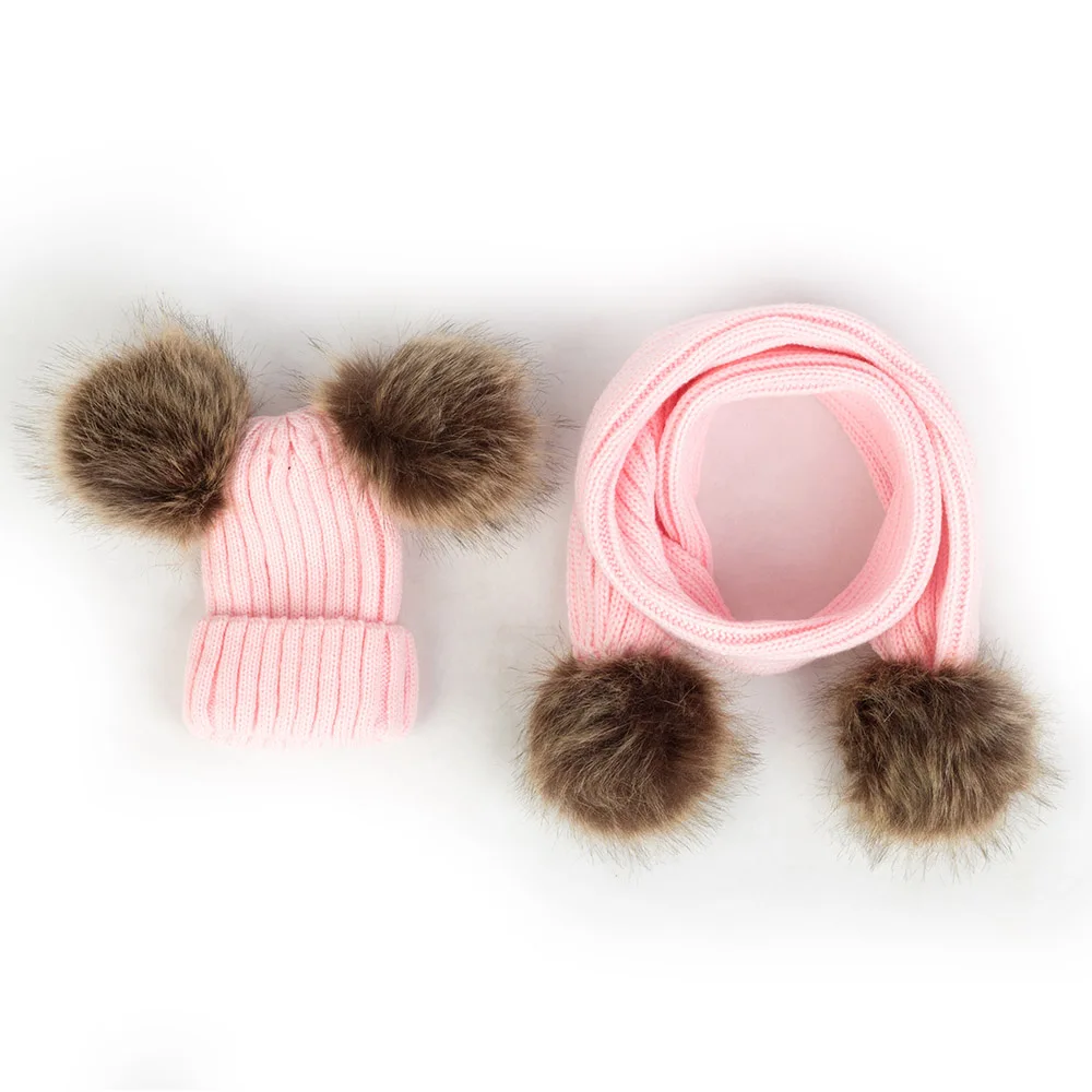 

Kids Winter Warm knitted Scarf And Hat Set Luxury Crochet Hats And Scarves With Real Fur Pom Beanie Hat for Boys And Girls