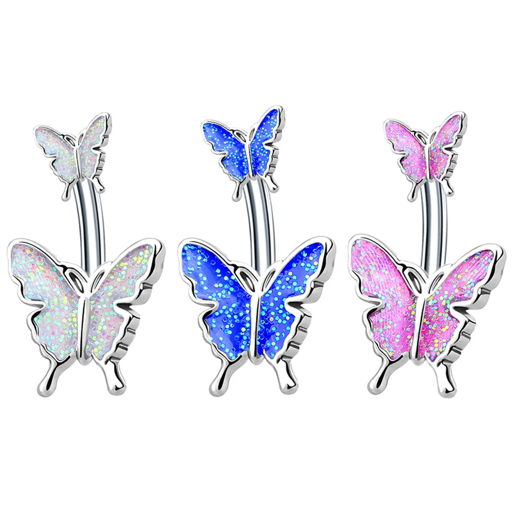 Dual Butterflies Sequins Belly Piercing Bar Belly Button Rings Surgical