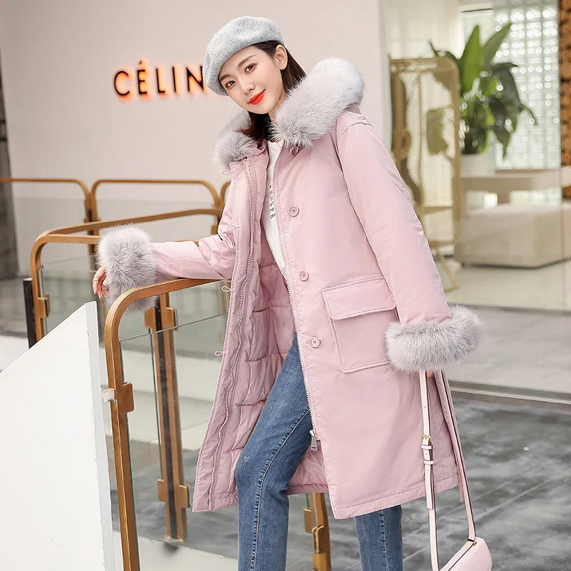 Зимние парки новые-30 градусов женские пальто куртка съемный меховой воротник с капюшоном толстые зимние длинные пальто куртки парки - Цвет: Pink