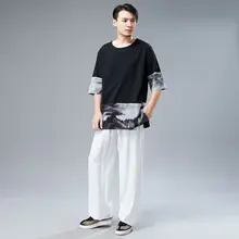 Мужские толстовки летние льняные быстросохнущие китайские традиционные свободные футболки мужские повседневные штаны для пробежек тренировки Тай Чи Йога Рубашка