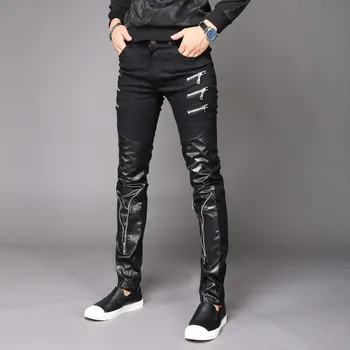 

Autumn New Fashion Mens Motorcycle Pu Leather Trousers Slight Leg Long Pants Rock Gothic Punk Man Slim Fit Pants Size 27-36