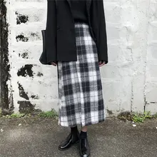 HziriP Новая Осенняя черная клетчатая Высокая талия студенческие высокие уличные женские эластичные талии свободные модные Универсальные Длинные сплит юбки