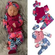 Зимняя одежда для новорожденных девочек; топ с цветочным принтом+ длинные штаны+ повязка на голову