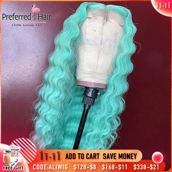 

Preferred Deep Wave Lace Front Wig Preplucked Pink Red Mint Green Human Hair Wig Glueless Transparent Lace Wigs For Black Women