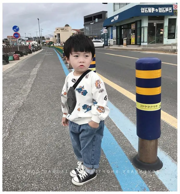 WLG boys girls cartoon hoodies kids autumn white dark blue loose hoodie baby casual all match tops 1-5 years