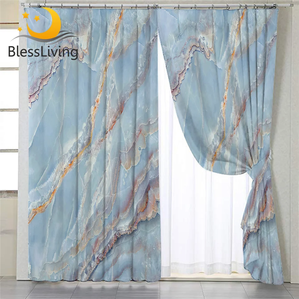 

BlessLiving Marble Window Curtains Abstract Blue White Blackout Curtains Natural Stone Pattern Living Room Accessories 107x213cm