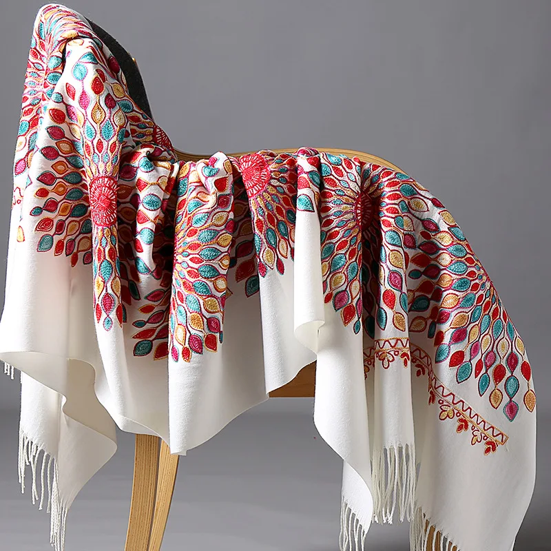 Зимний теплый однотонный шарф для женщин/леди мягкая кашемировая шаль Цветочная вышивка кашемировые женские накидки