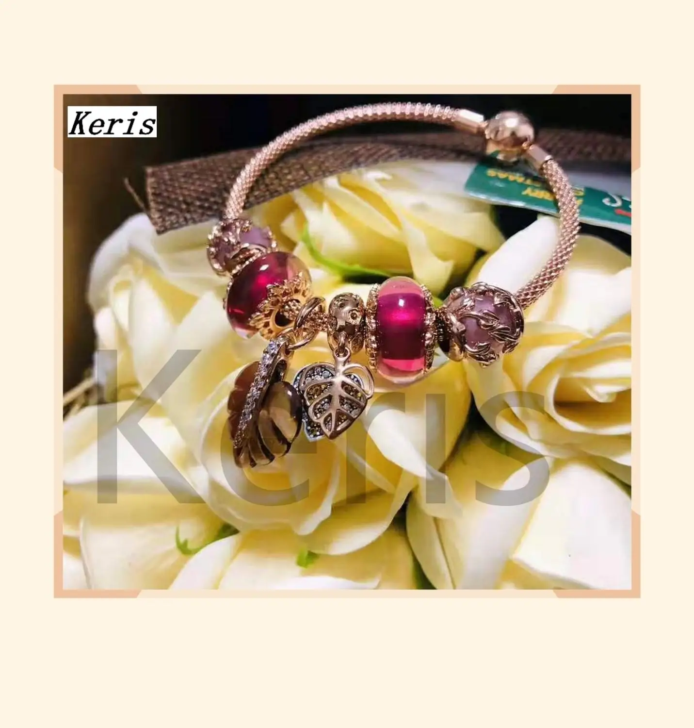 

High Quality Original 1:1 100% Silver New Rose Gold Charm Glass Leaves String Bracelet Free Delivery