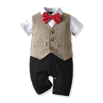 

Baby Boy Romper Short-Sleeved Jumpsuit Fake Two-Piece Vest Romper Gentleman Style Party Clothes
