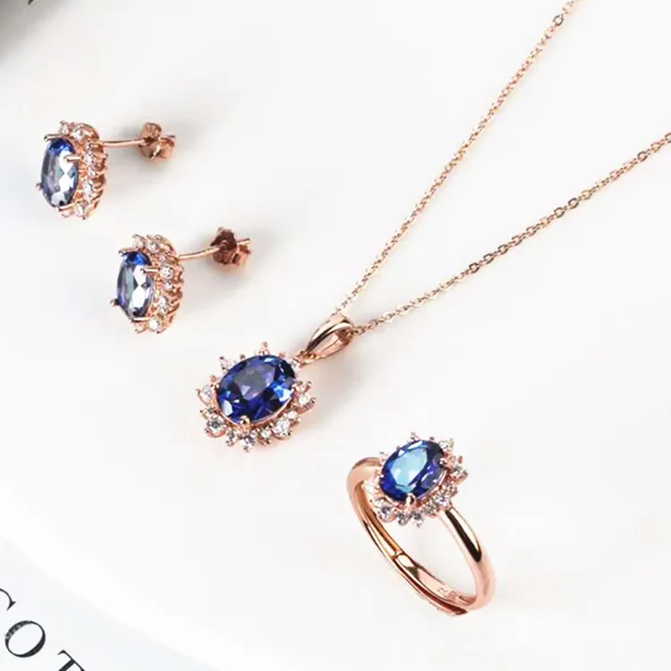 

925 Silver Natural Tanzania Color Topaz Set Ear Stud + Pendant + Adjustable Ring Send Silver Necklace