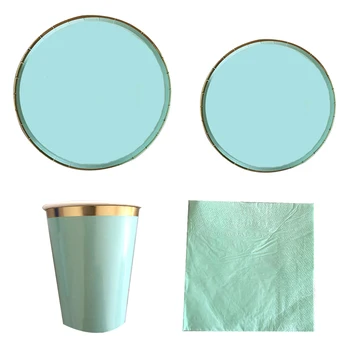 

64pcs/set Disposable Tableware Paper Plate Cup Napkin Cutlery Set Gold Green Anniversary Wedding Party Happy Birthday Supplies