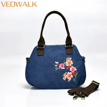 

Veowalk Chinese Style Flower Embroidered Women's Soft Denim Handbag Ladies Small Hand Bags Woman Phone Keys Shell Bag with Belt