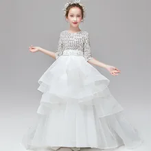 Весна, Роскошная Новая модель, костюмы для подиума, выступлений, фортепиано, платье с длинным шлейфом, детское вечернее платье с блестками для девочек