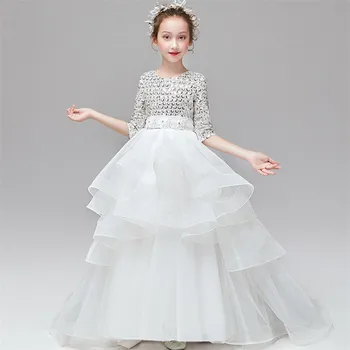 

2020Spring Luxury New Model Show Catwalk Performance Piano Costumes Host Long Tail Dress Children Girls Sequined Evening Dress