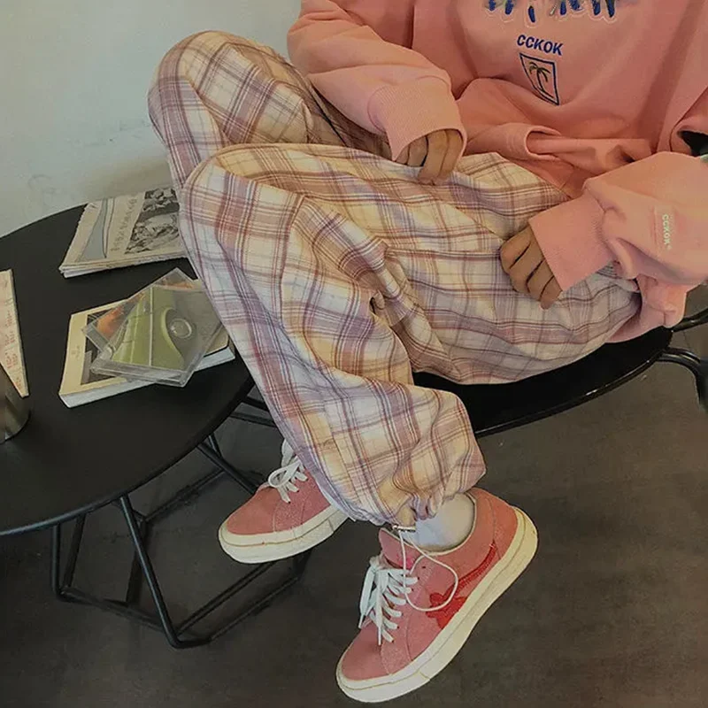 Pantalones a cuadros para mujer, calzas rosas de cintura alta, informales, sueltos, fáciles de combinar, bombachos de Hip Hop, moda de otoño 2020