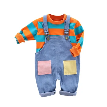 

Autumn Baby Boy Girl Outfits Long Sleeve Striped Sweatshirt+Denim Strap Trousers Casual Sets