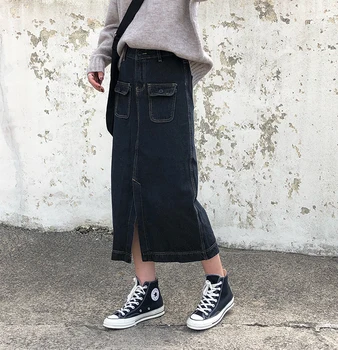 

Women High Waist Split Front Slim Fit Casual Midi Denim Skirt