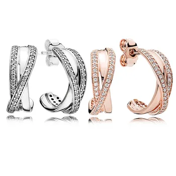 

New 925 Sterling Silver Earring Rose Entwined Circles With Crystal Hanging Earrings For Women Wedding Gift Fine Pandora Jewelry